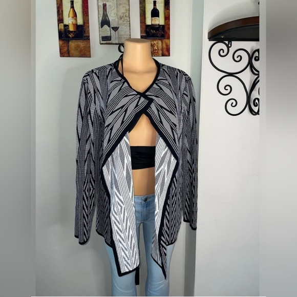 NWT CALVIN KLEIN Size XL Jacquard Flyaway Long Sleeve Cardigan BLACK-WHITE - Picture 5 of 10